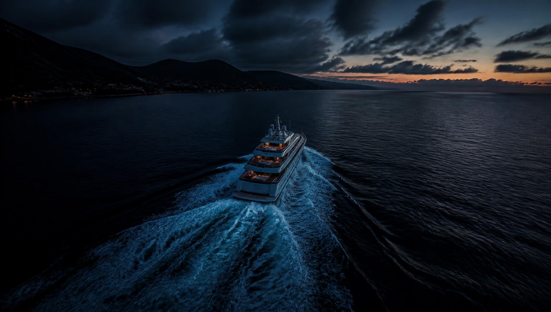 Superyacht under way at dusk